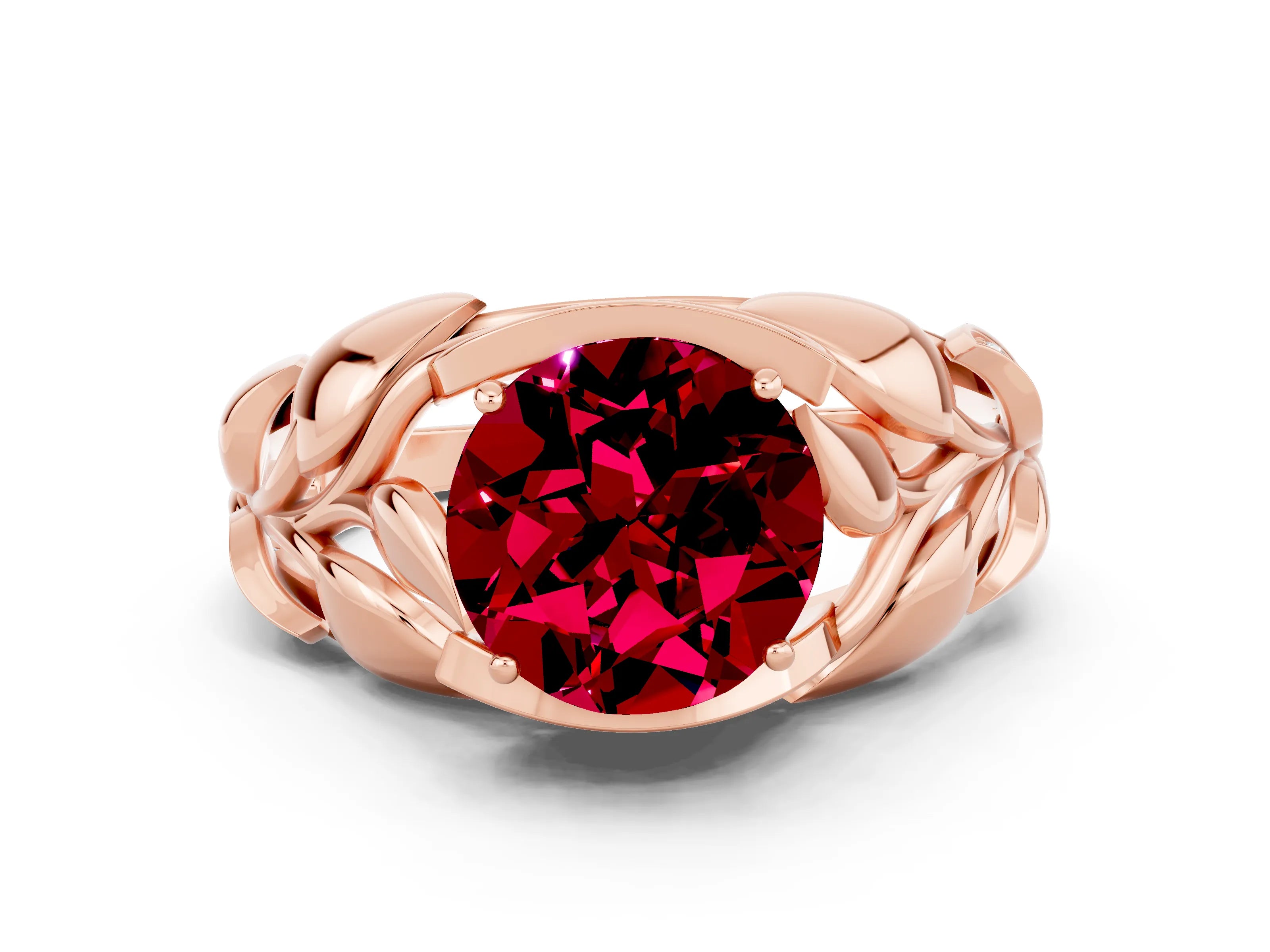 Rose gold Round Cut Solitaire Leaf-Inspired Engagement Ring with Prong Setting