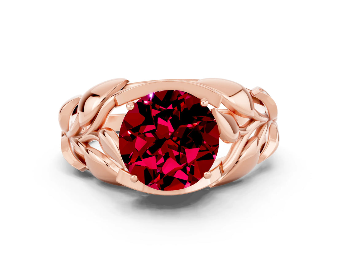 Rose gold Round Cut Solitaire Leaf-Inspired Engagement Ring with Prong Setting