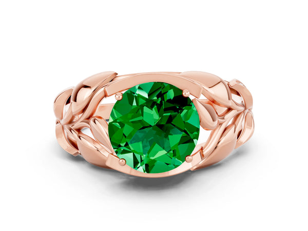 Rose gold Round Cut Emerald Leaf-Inspired Engagement Ring with Round Accents and Prong Setting