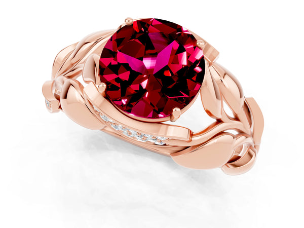 Rose gold Round Cut Garnet Leaf-Inspired Engagement Ring with Round Accents and Prong Setting