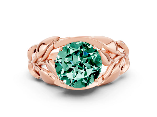 Rose gold Round Cut Green Sapphire Leaf-Inspired Engagement Ring with Round Accents and Prong Setting