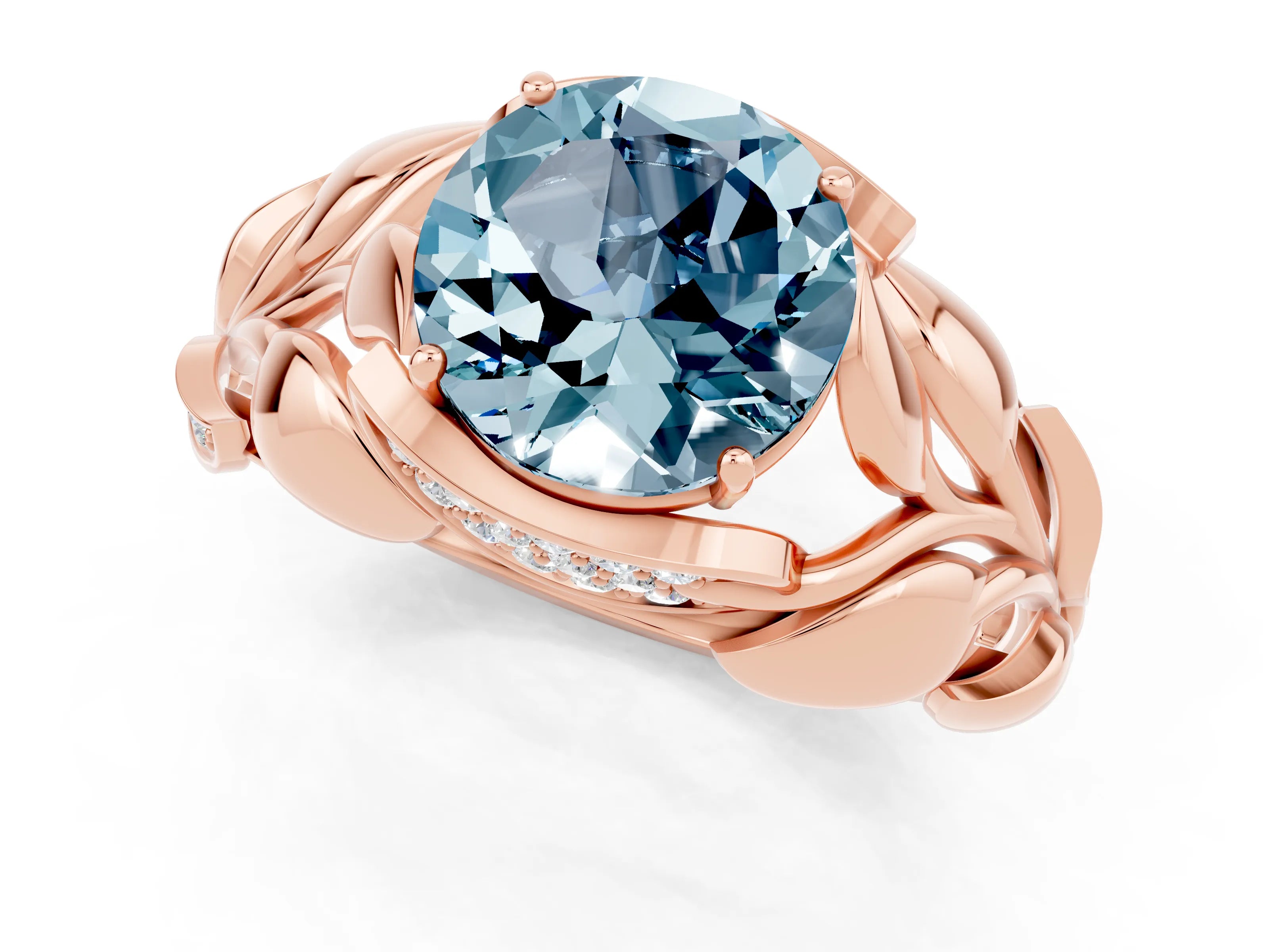 Rose gold Round Cut Solitaire Leaf-Inspired Engagement Ring with Prong Setting_1
