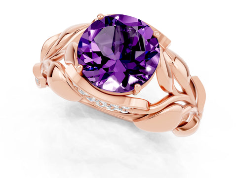 Rose gold Round Cut Solitaire Leaf-Inspired Engagement Ring with Prong Setting_1