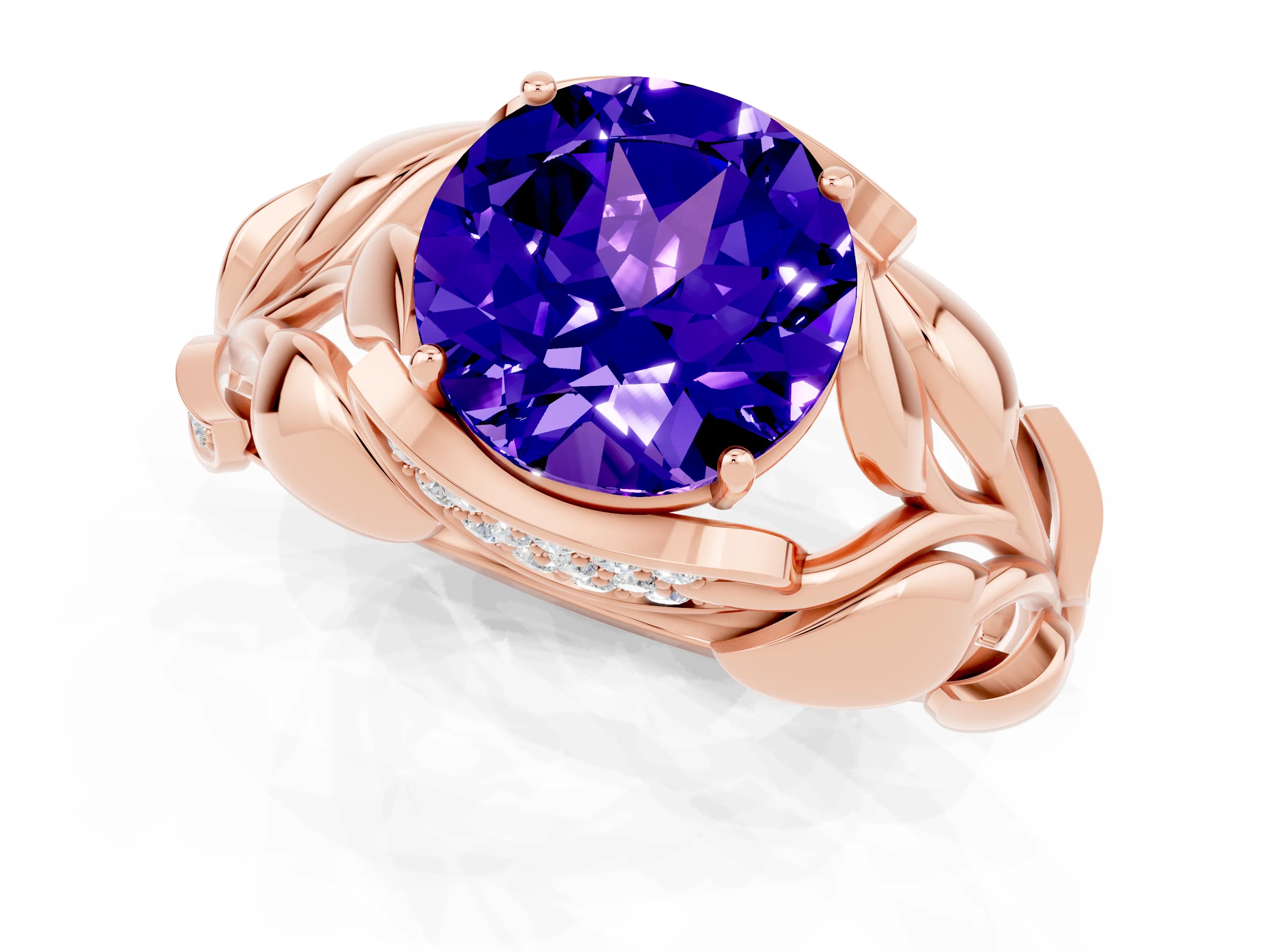 Rose gold Round Cut Solitaire Leaf-Inspired Engagement Ring with Prong Setting_1