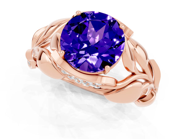 Rose gold Round Cut Tanzanite Leaf-Inspired Engagement Ring with Round Accents and Prong Setting
