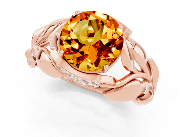 Rose gold Round Cut Citrine Leaf-Inspired Engagement Ring with Round Accents and Prong Setting