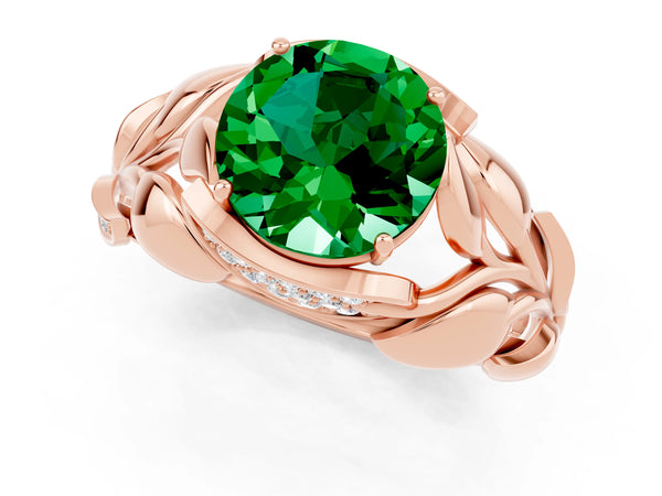 Rose gold Round Cut Emerald Leaf-Inspired Engagement Ring with Round Accents and Prong Setting