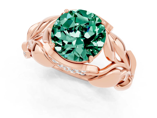 Rose gold Round Cut Green Sapphire Leaf-Inspired Engagement Ring with Round Accents and Prong Setting