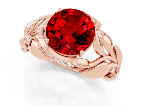 Rose gold Round Cut Ruby Leaf-Inspired Engagement Ring with Round Accents and Prong Setting