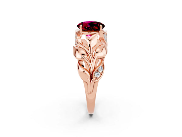 Rose gold Round Cut Garnet Leaf-Inspired Engagement Ring with Round Accents and Prong Setting