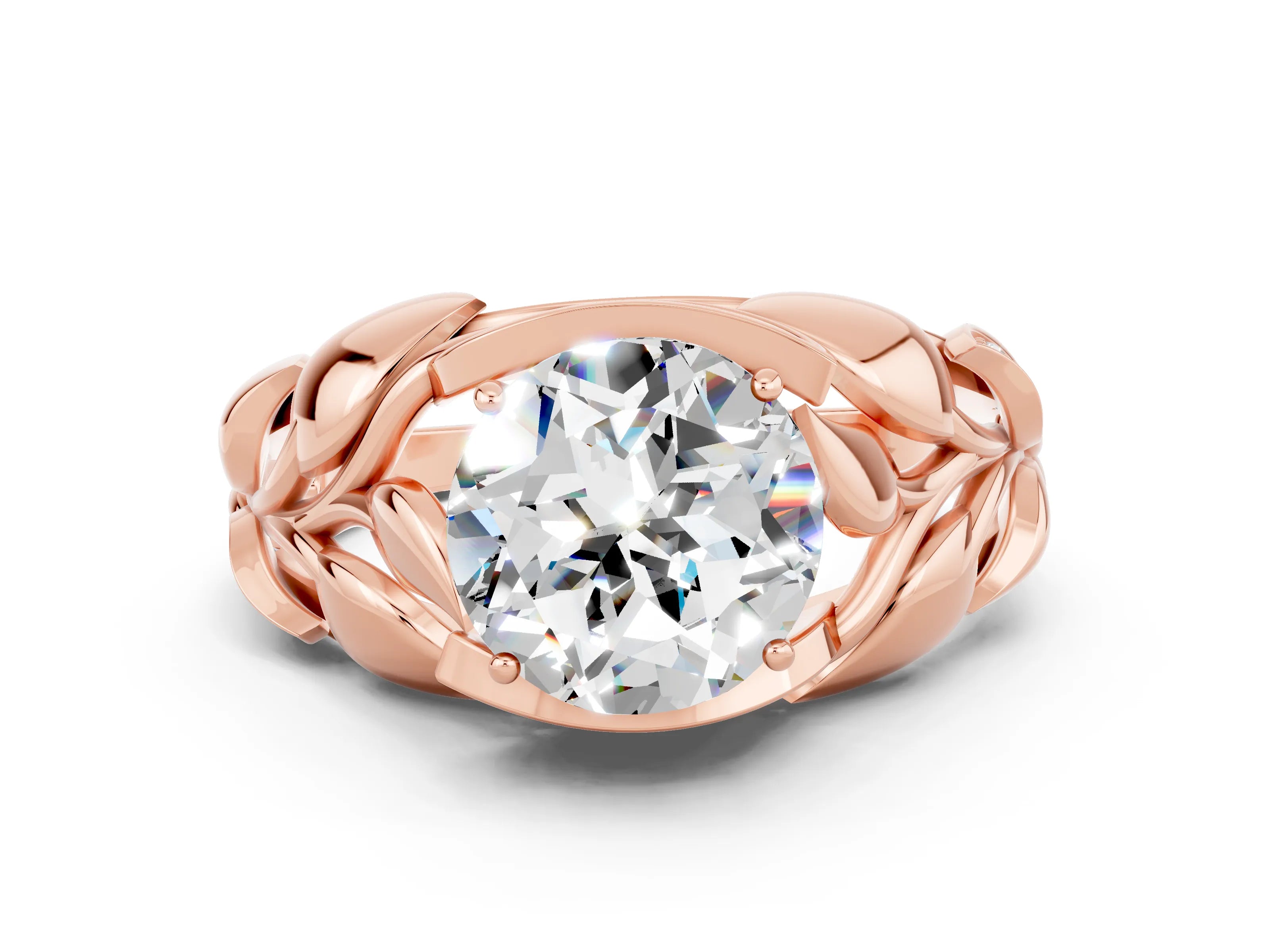 Rose gold Round Cut Solitaire Leaf-Inspired Engagement Ring with Prong Setting
