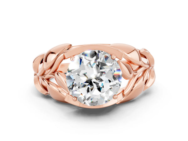 Rose gold Round Cut Moissanite Leaf-Inspired Engagement Ring with Round Accents and Prong Setting