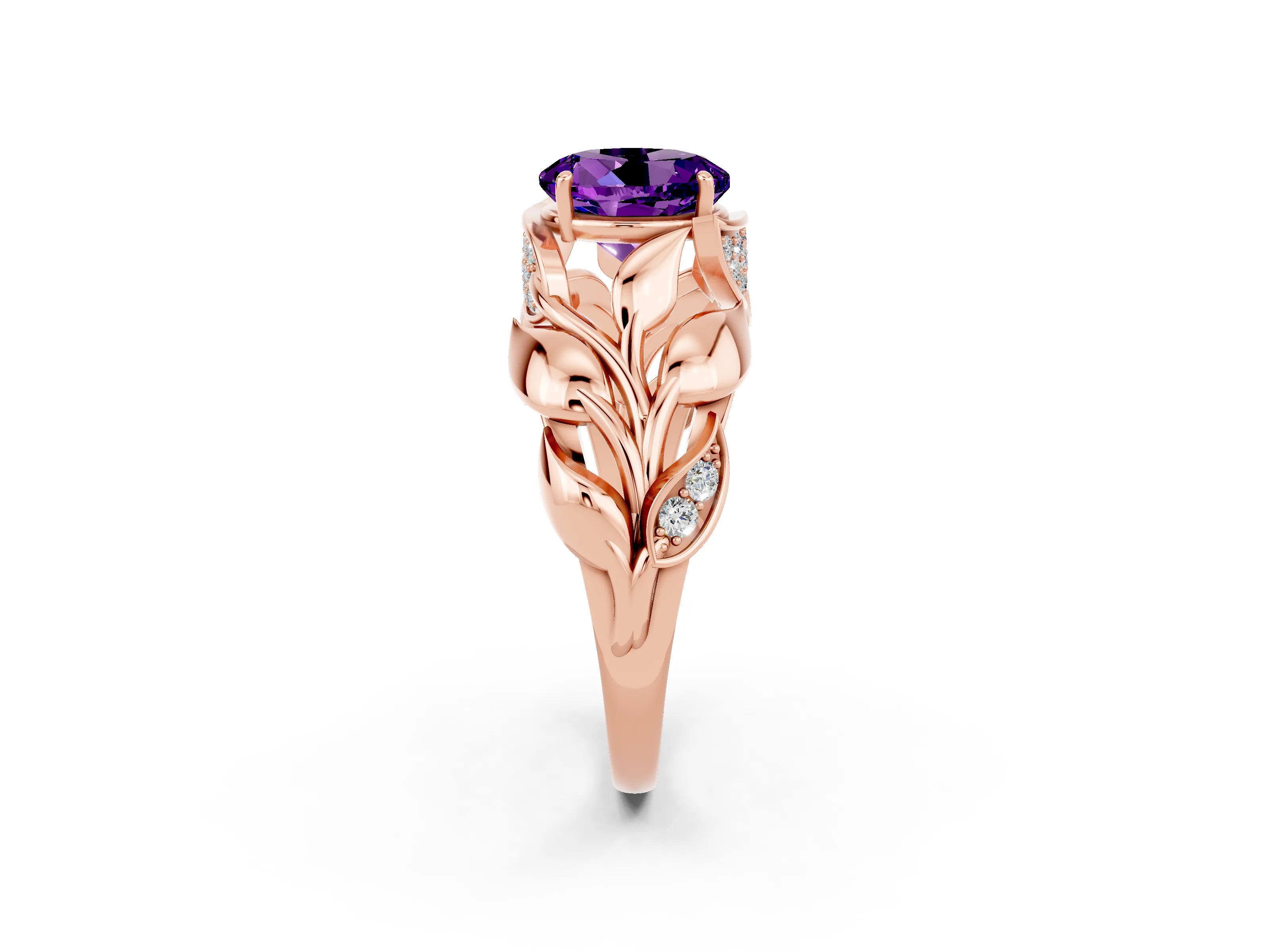 Rose gold Round Cut Solitaire Leaf-Inspired Engagement Ring with Prong Setting_2