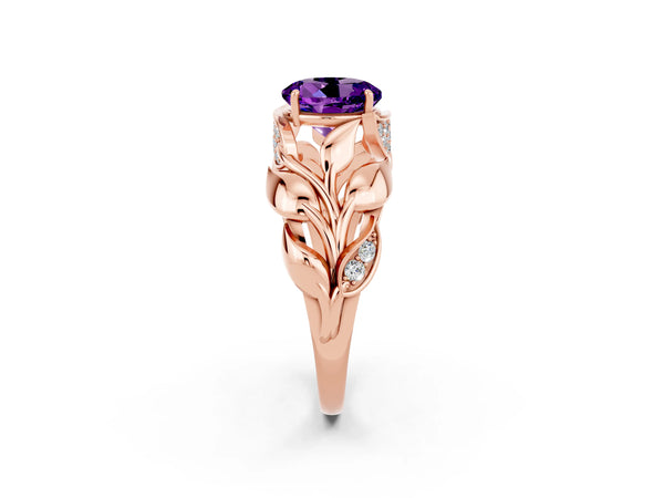 Rose gold Round Cut Amethyst Leaf-Inspired Engagement Ring with Round Accents and Prong Setting