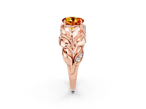 Rose gold Round Cut Citrine Leaf-Inspired Engagement Ring with Round Accents and Prong Setting
