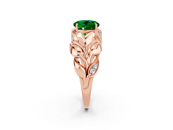 Rose gold Round Cut Emerald Leaf-Inspired Engagement Ring with Round Accents and Prong Setting