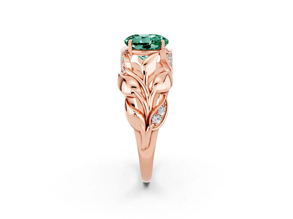 Rose gold Round Cut Green Sapphire Leaf-Inspired Engagement Ring with Round Accents and Prong Setting