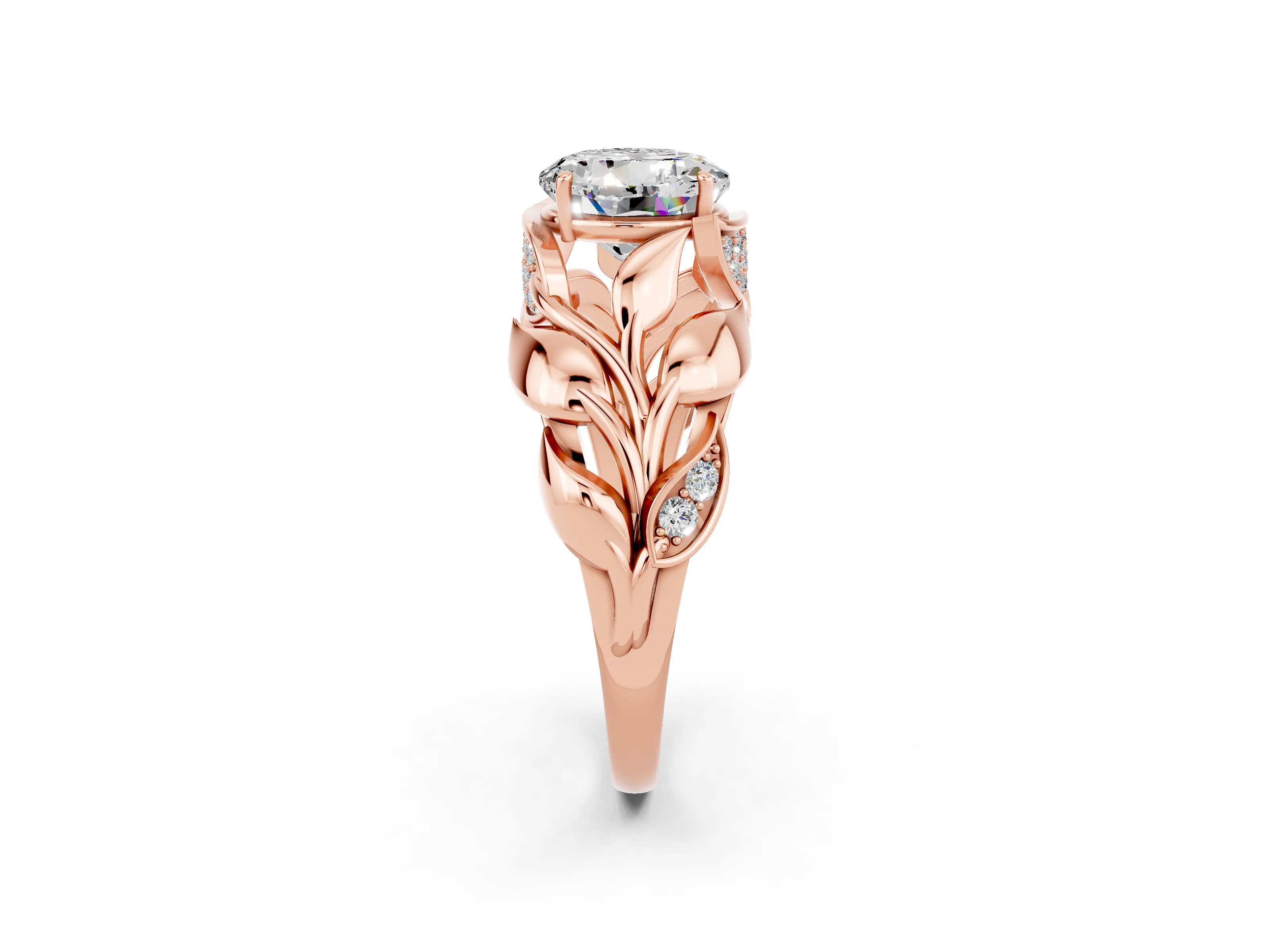 Rose gold Round Cut Solitaire Leaf-Inspired Engagement Ring with Prong Setting_2