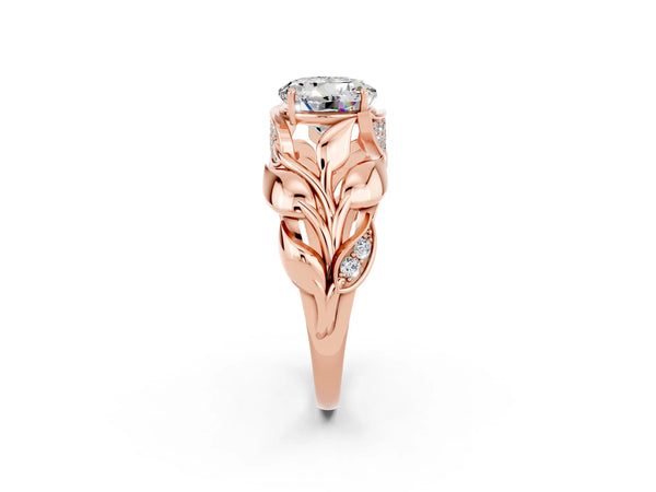 Rose gold Round Cut Moissanite Leaf-Inspired Engagement Ring with Round Accents and Prong Setting