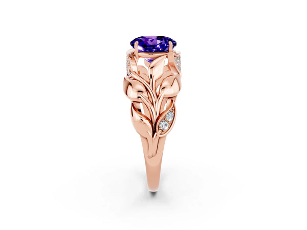 Rose gold Round Cut Tanzanite Leaf-Inspired Engagement Ring with Round Accents and Prong Setting