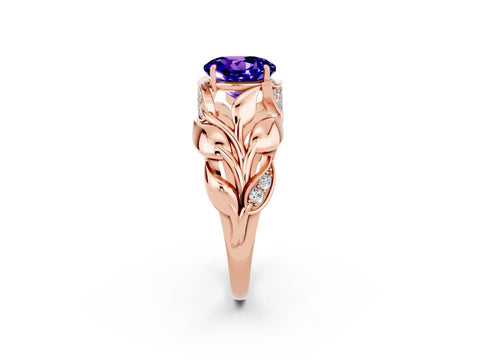 Rose gold Round Cut Solitaire Leaf-Inspired Engagement Ring with Prong Setting_2