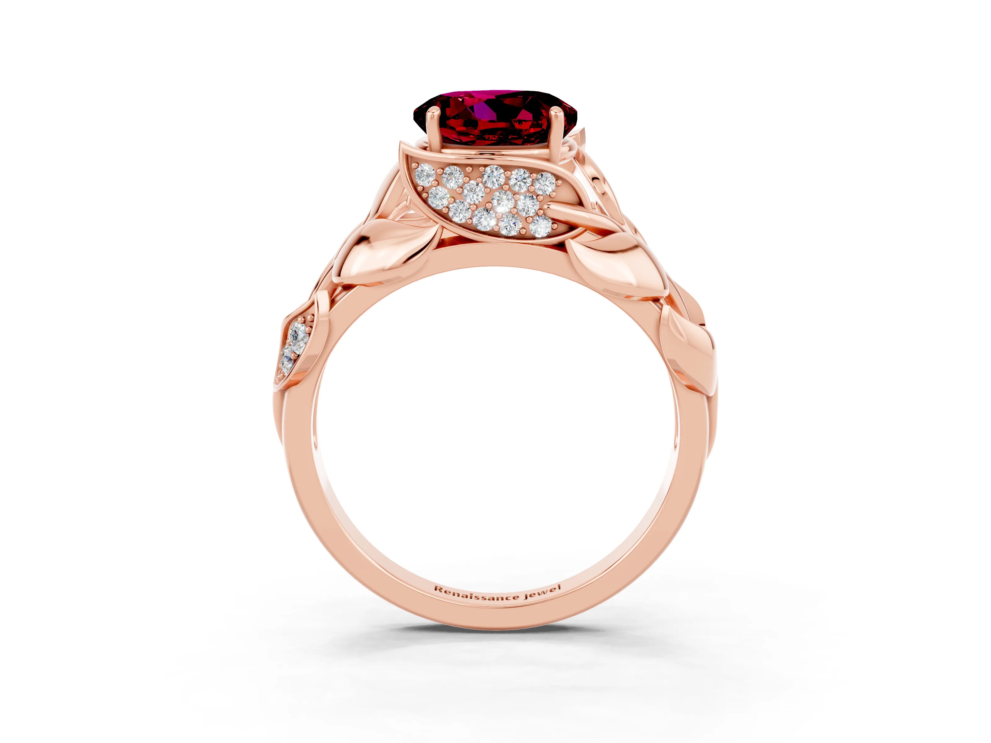 Rose gold Round Cut Solitaire Leaf-Inspired Engagement Ring with Prong Setting_3