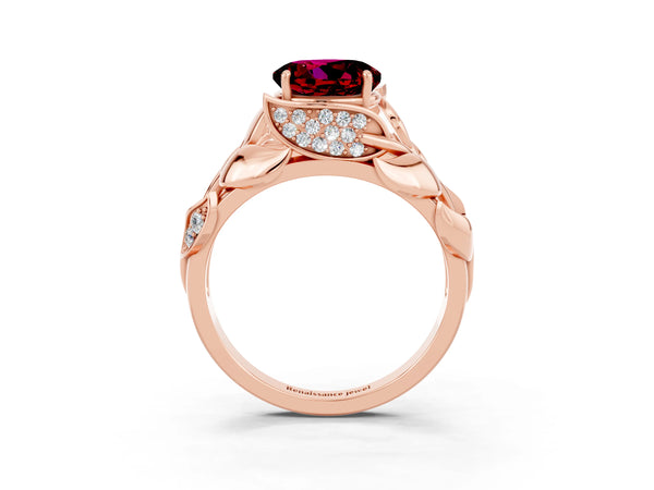 Rose gold Round Cut Garnet Leaf-Inspired Engagement Ring with Round Accents and Prong Setting