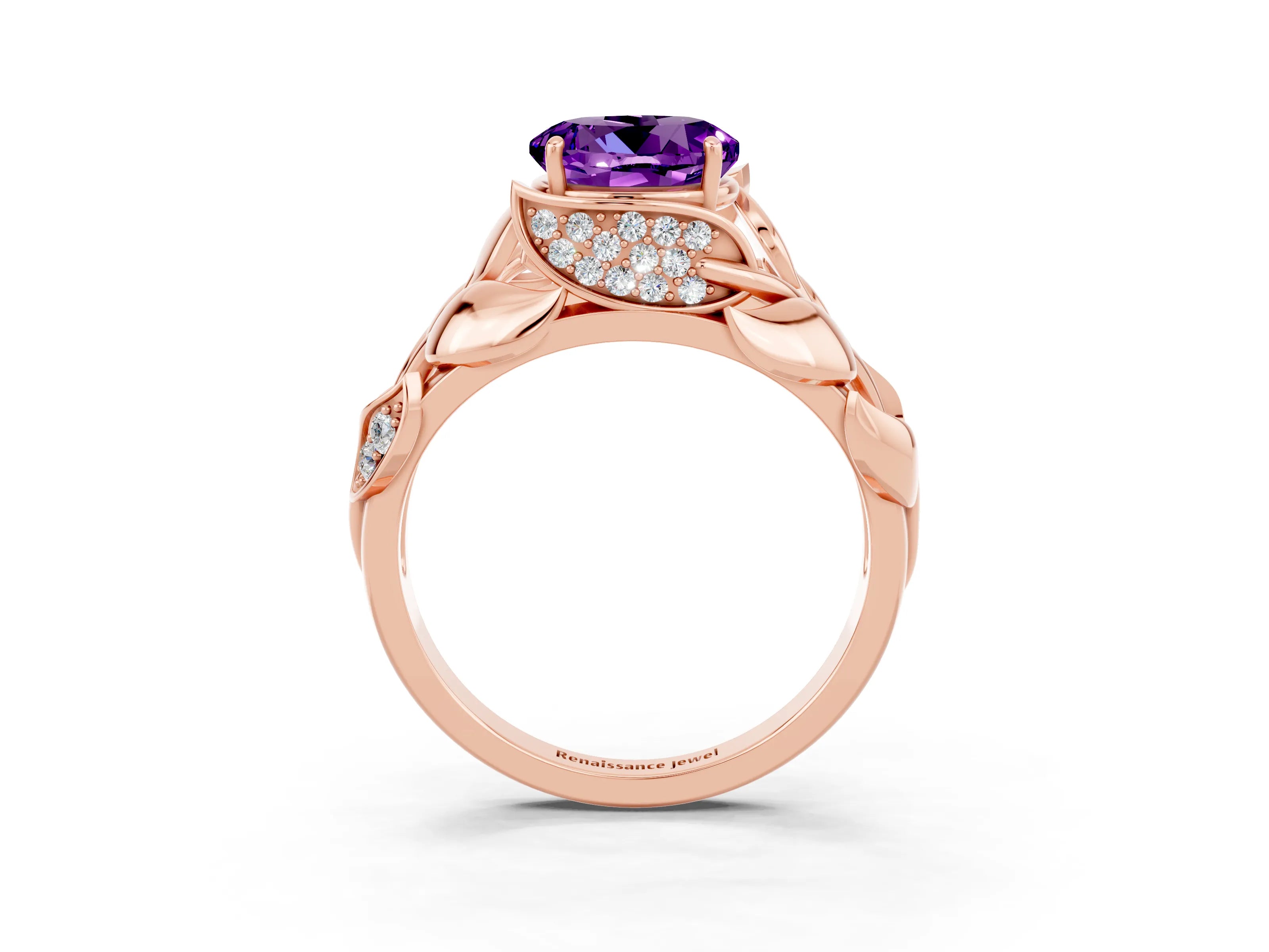 Rose gold Round Cut Solitaire Leaf-Inspired Engagement Ring with Prong Setting_3