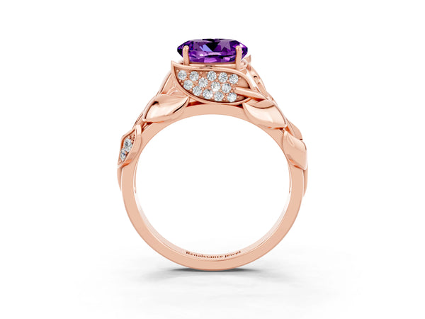 Rose gold Round Cut Amethyst Leaf-Inspired Engagement Ring with Round Accents and Prong Setting