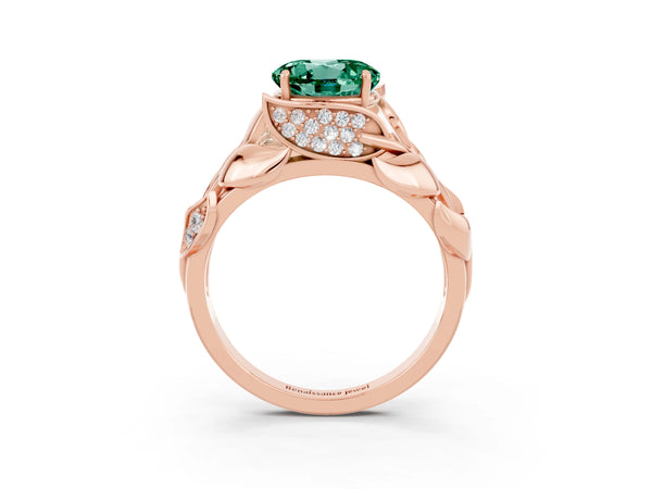 Rose gold Round Cut Green Sapphire Leaf-Inspired Engagement Ring with Round Accents and Prong Setting