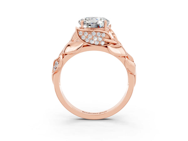 Rose gold Round Cut Moissanite Leaf-Inspired Engagement Ring with Round Accents and Prong Setting