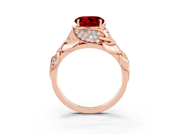 Rose gold Round Cut Ruby Leaf-Inspired Engagement Ring with Round Accents and Prong Setting