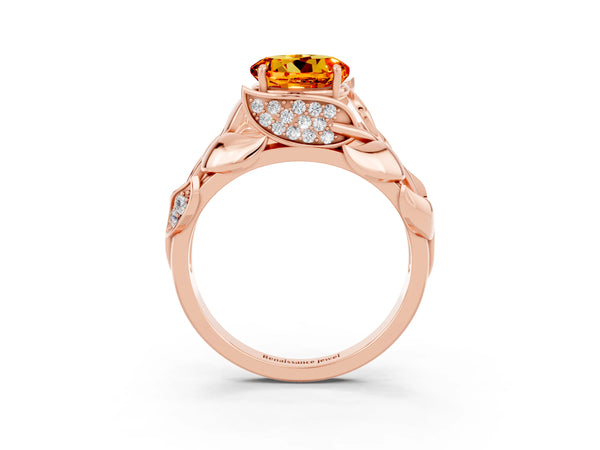 Rose gold Round Cut Citrine Leaf-Inspired Engagement Ring with Round Accents and Prong Setting