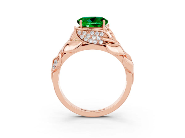 Rose gold Round Cut Emerald Leaf-Inspired Engagement Ring with Round Accents and Prong Setting