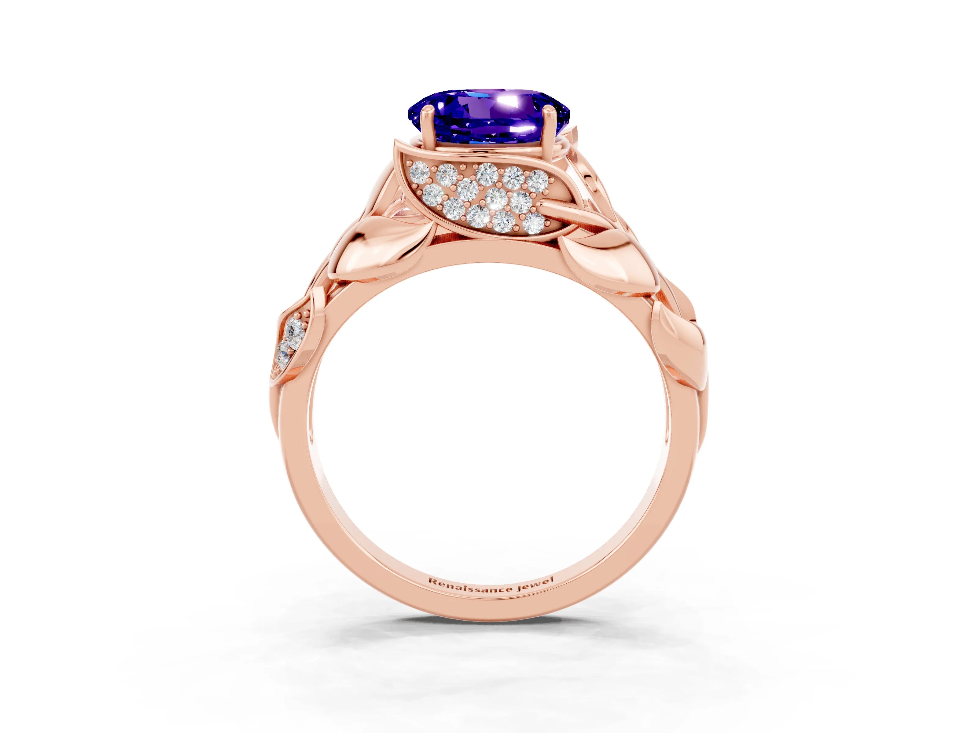 Rose gold Round Cut Solitaire Leaf-Inspired Engagement Ring with Prong Setting_3