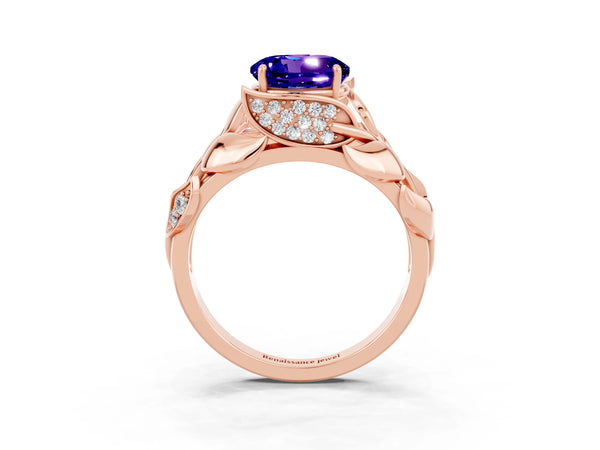Rose gold Round Cut Tanzanite Leaf-Inspired Engagement Ring with Round Accents and Prong Setting