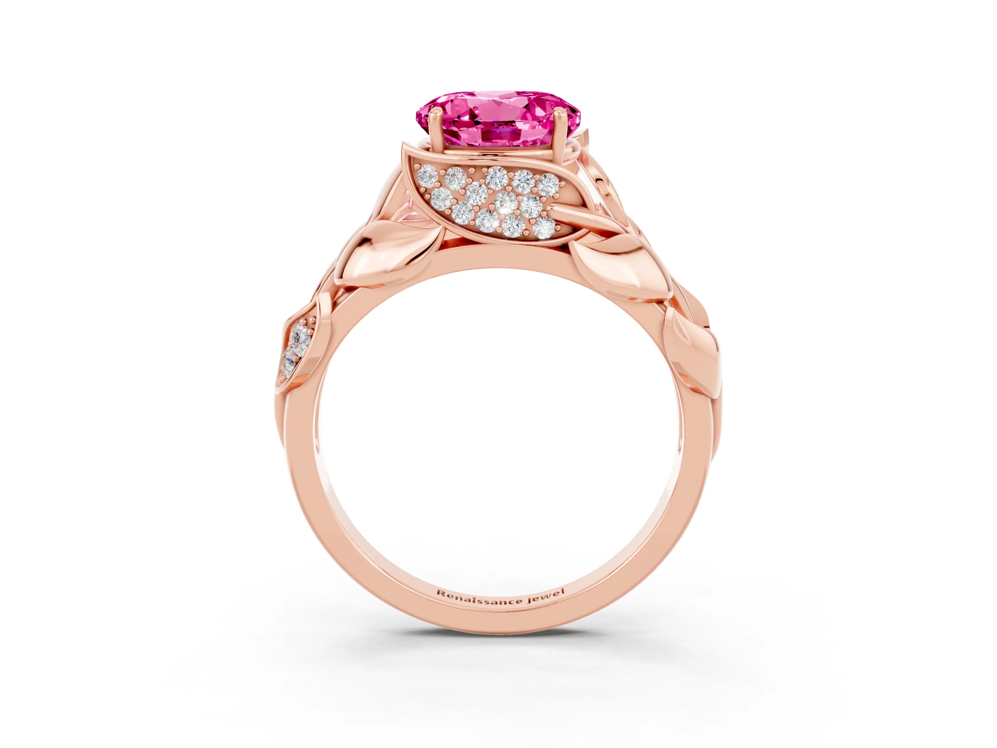Rose gold Round Cut Solitaire Leaf-Inspired Engagement Ring with Prong Setting_3