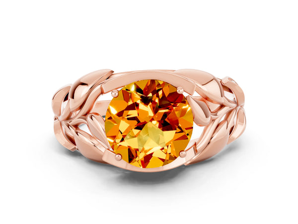 Rose gold Round Cut Citrine Leaf-Inspired Engagement Ring with Round Accents and Prong Setting