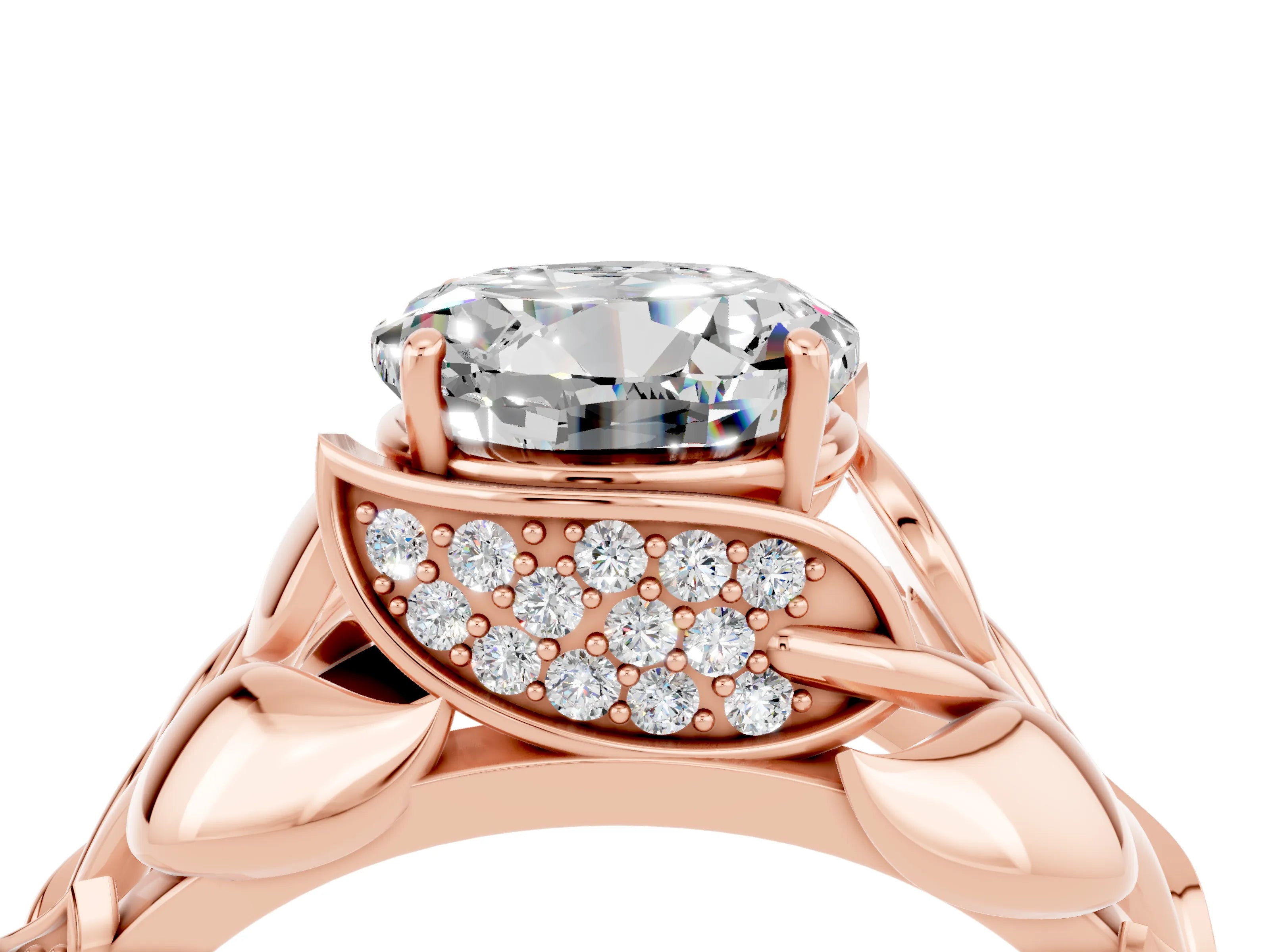 Rose gold Round Cut Solitaire Leaf-Inspired Engagement Ring with Prong Setting_4