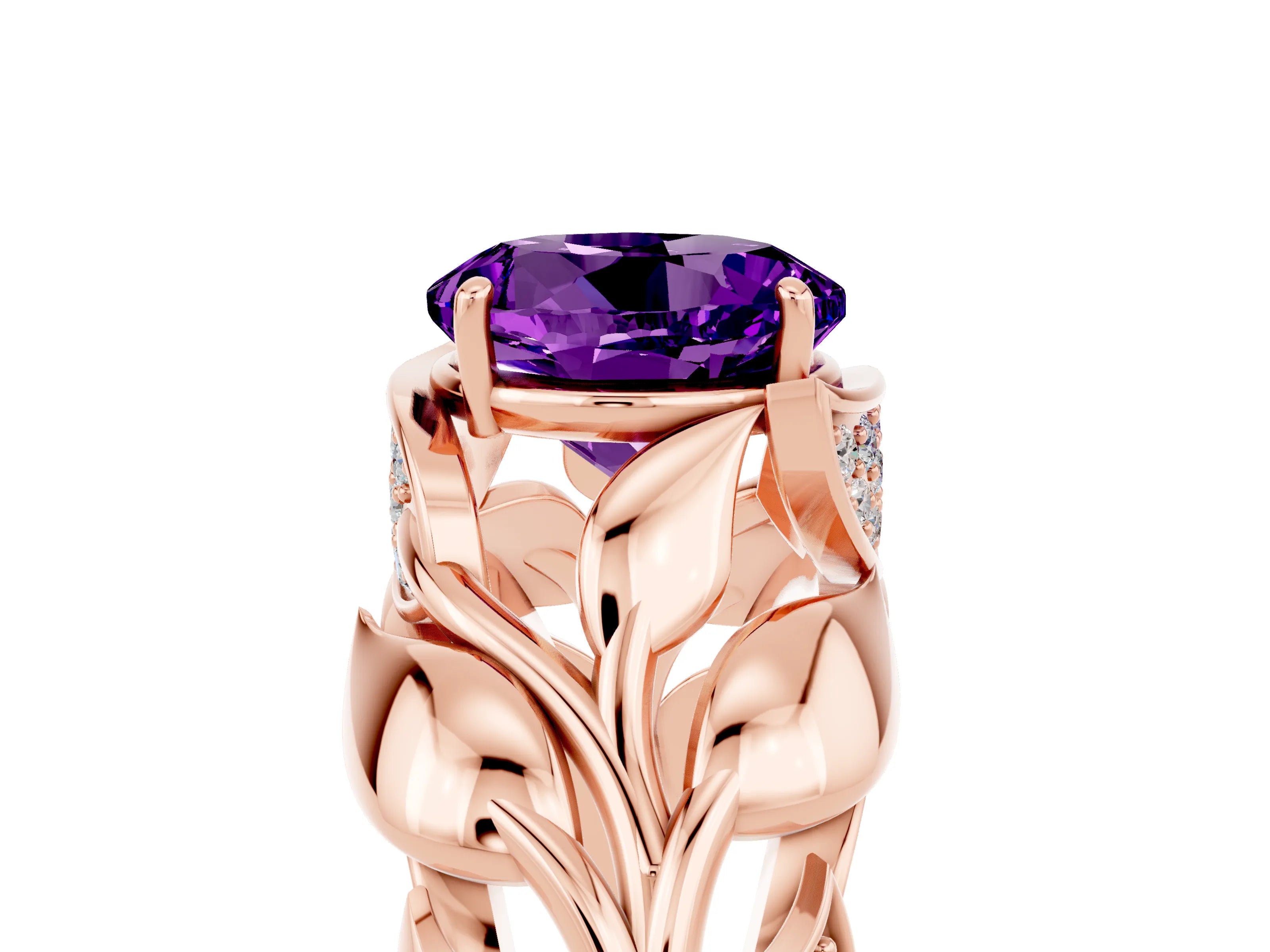 Rose gold Round Cut Solitaire Leaf-Inspired Engagement Ring with Prong Setting_5