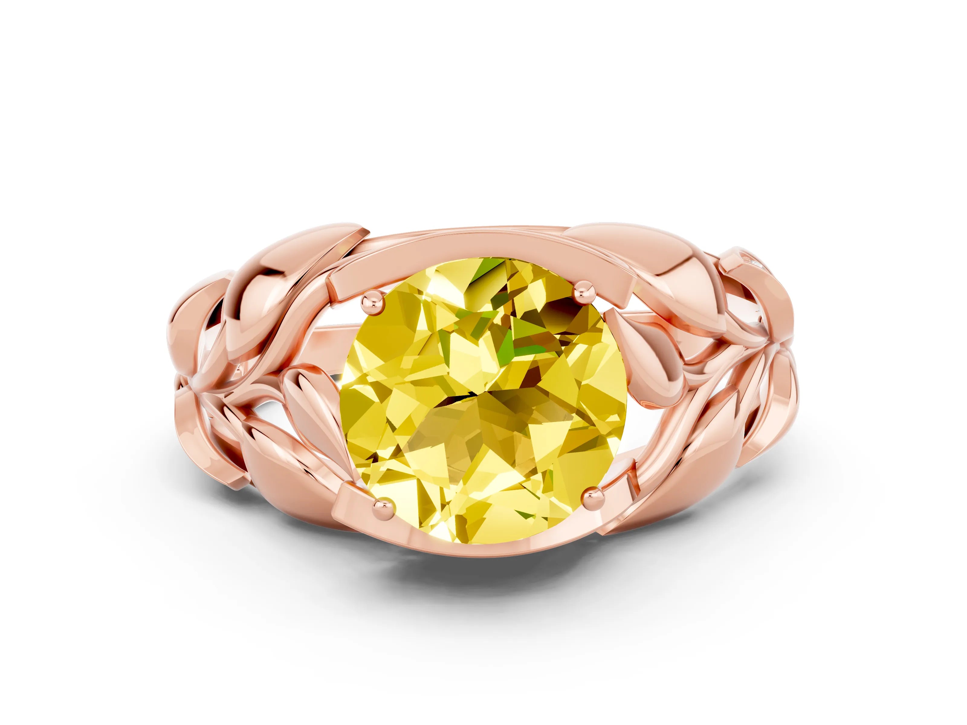 Rose gold Round Cut Solitaire Leaf-Inspired Engagement Ring with Prong Setting