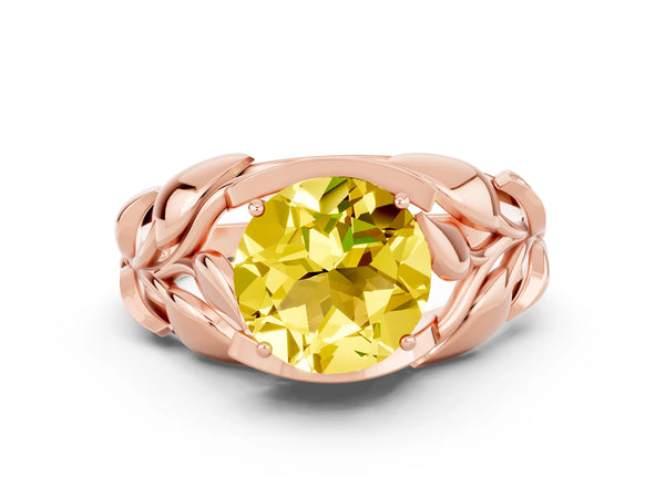 Rose gold Round Cut Yellow Sapphire Leaf-Inspired Engagement Ring with Round Accents and Prong Setting