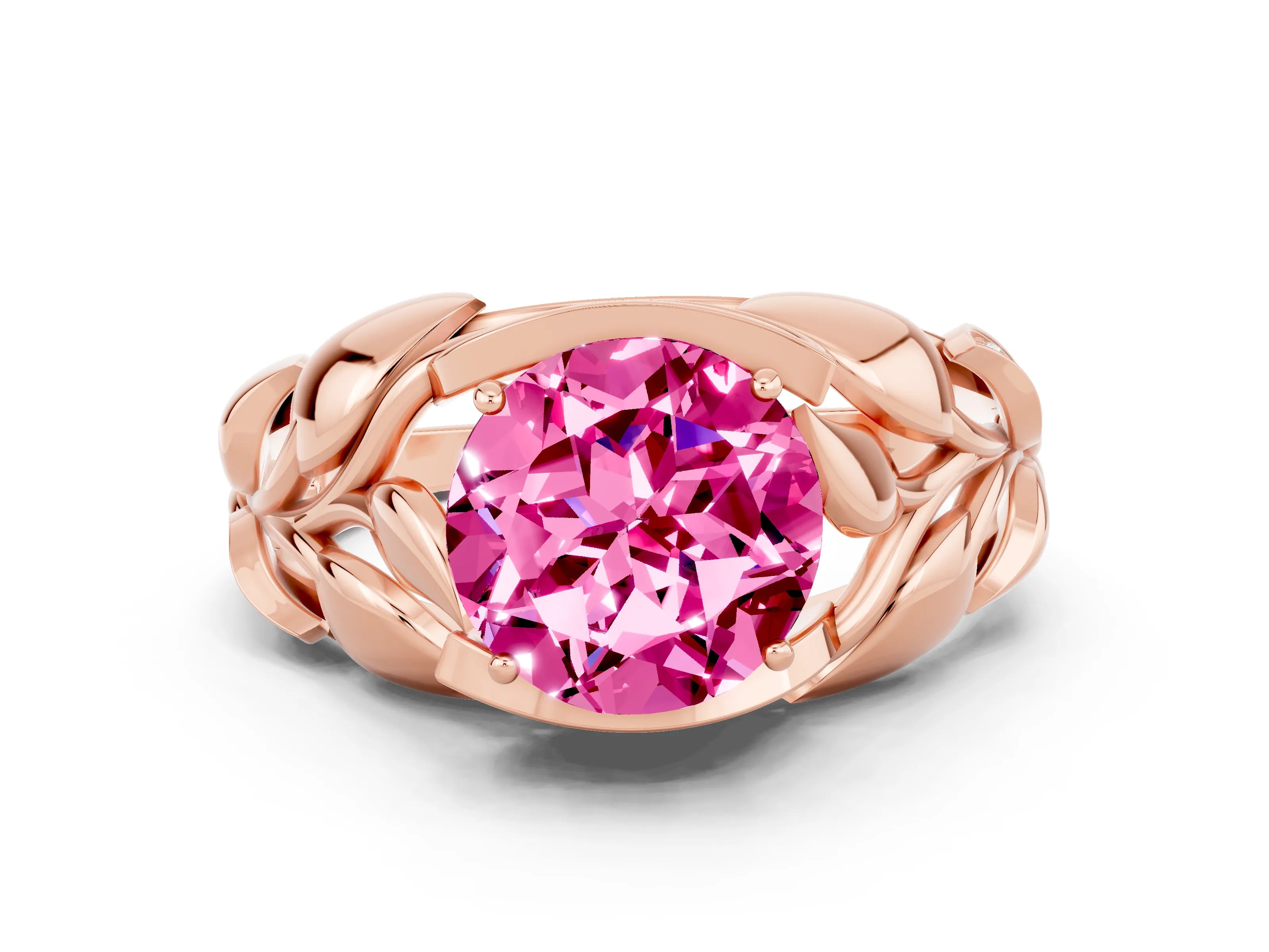 Rose gold Round Cut Solitaire Leaf-Inspired Engagement Ring with Prong Setting