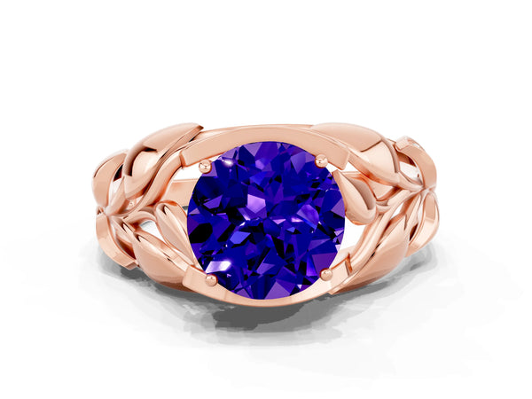 Rose gold Round Cut Tanzanite Leaf-Inspired Engagement Ring with Round Accents and Prong Setting
