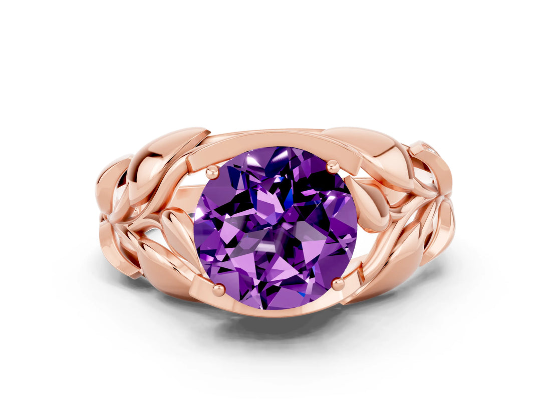 Rose gold Round Cut Solitaire Leaf-Inspired Engagement Ring with Prong Setting