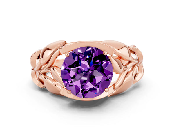 Rose gold Round Cut Amethyst Leaf-Inspired Engagement Ring with Round Accents and Prong Setting