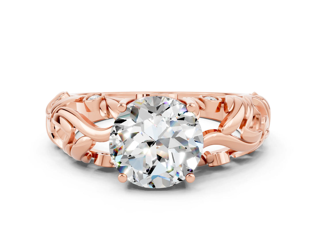 Rose gold Round Cut Solitaire Moissanite Leaf-Inspired Vine Band Ring with Prong Setting