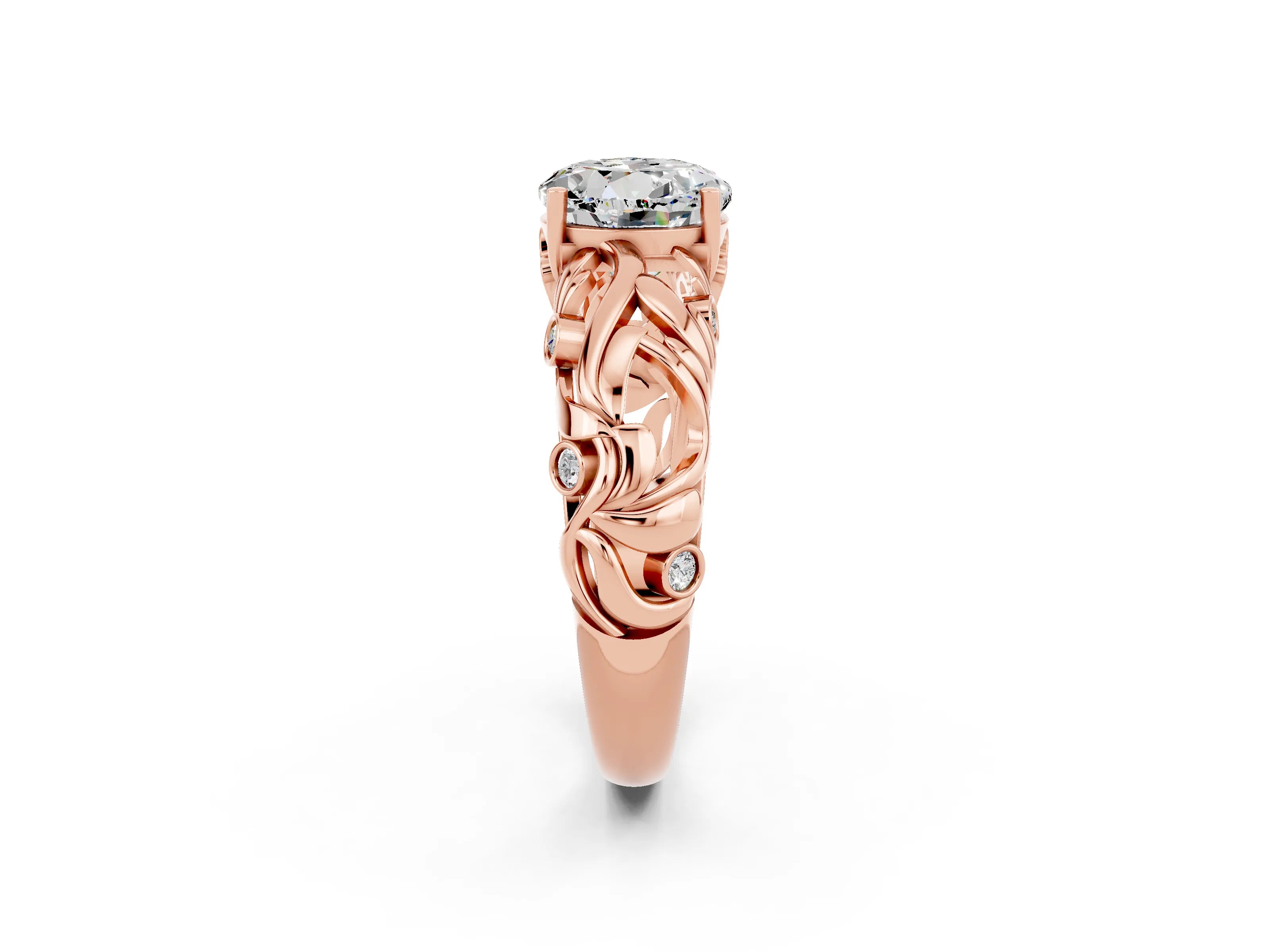 Rose gold Round Cut Solitaire Moissanite Leaf-Inspired Vine Band Ring with Prong Setting_2