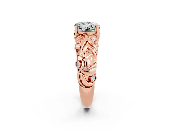 Rose gold Round Cut Solitaire Moissanite Leaf-Inspired Vine Band Ring with Prong Setting