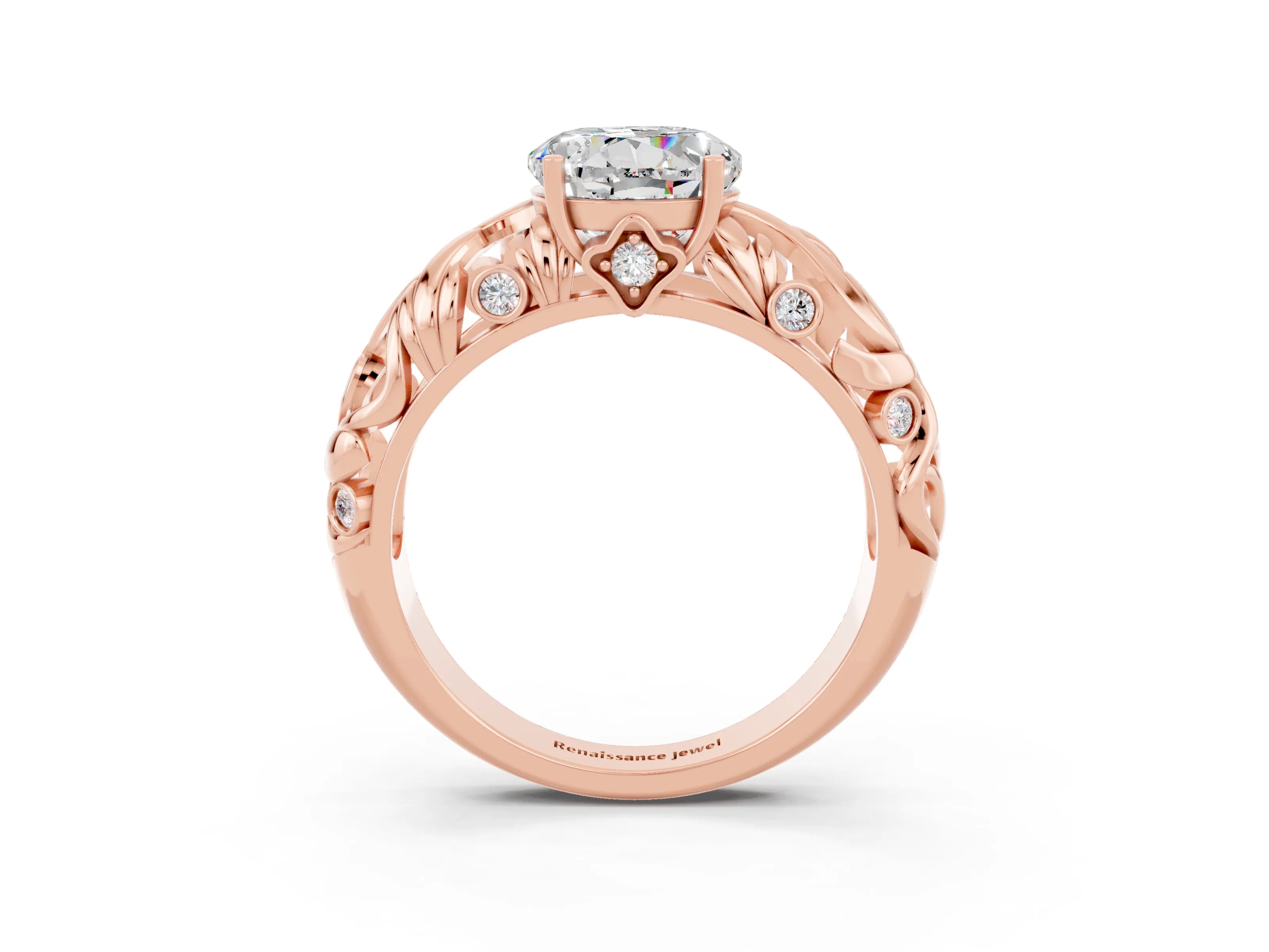 Rose gold Round Cut Solitaire Moissanite Leaf-Inspired Vine Band Ring with Prong Setting_3